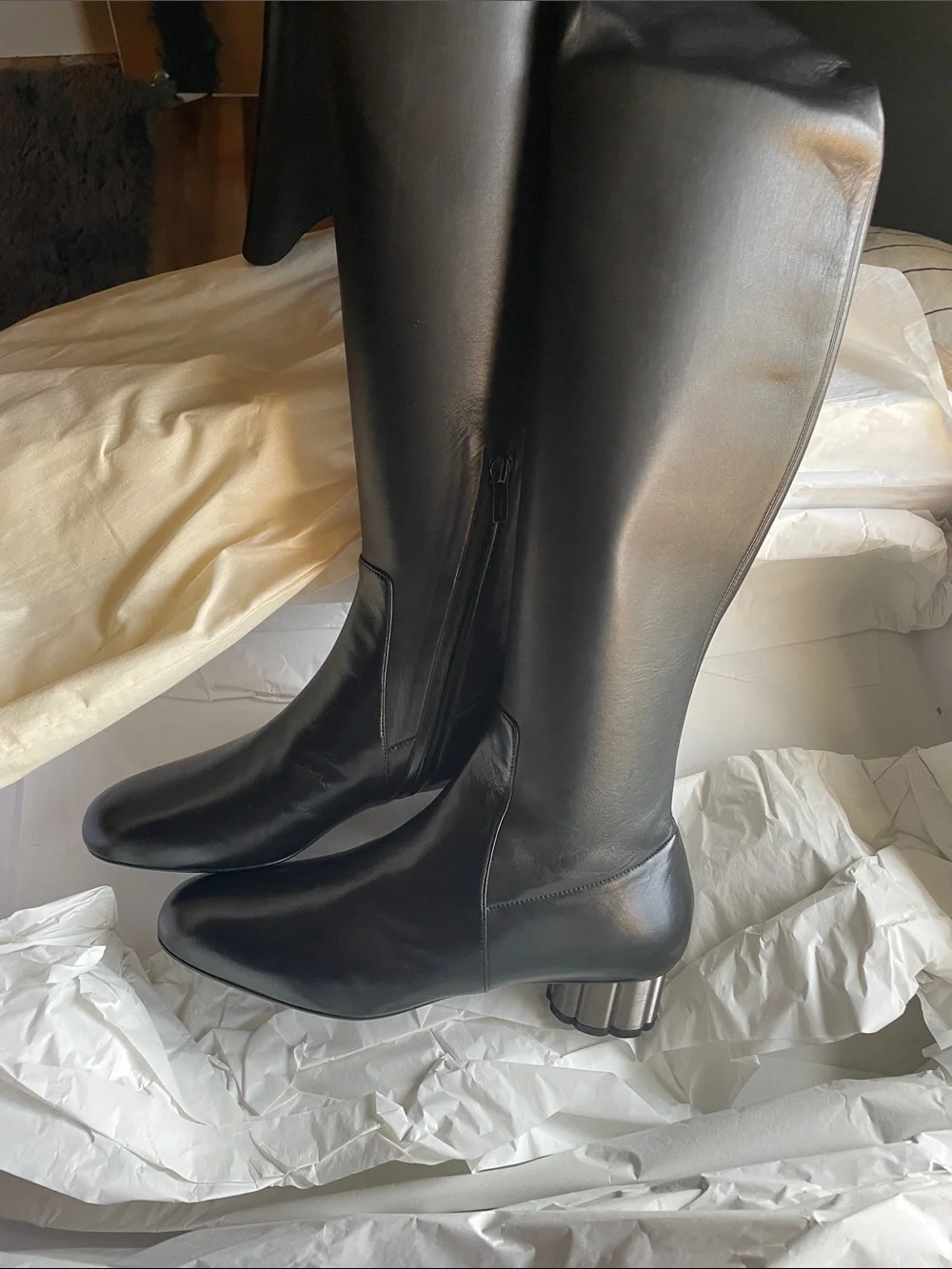 Salvatore Ferragamo Black Leather Over-the-Knee Boots with Cylindrical Heel